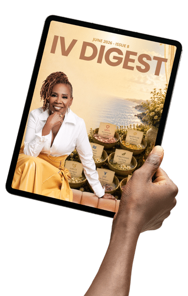 Hand holding tablet displaying IV Digest magazine cover