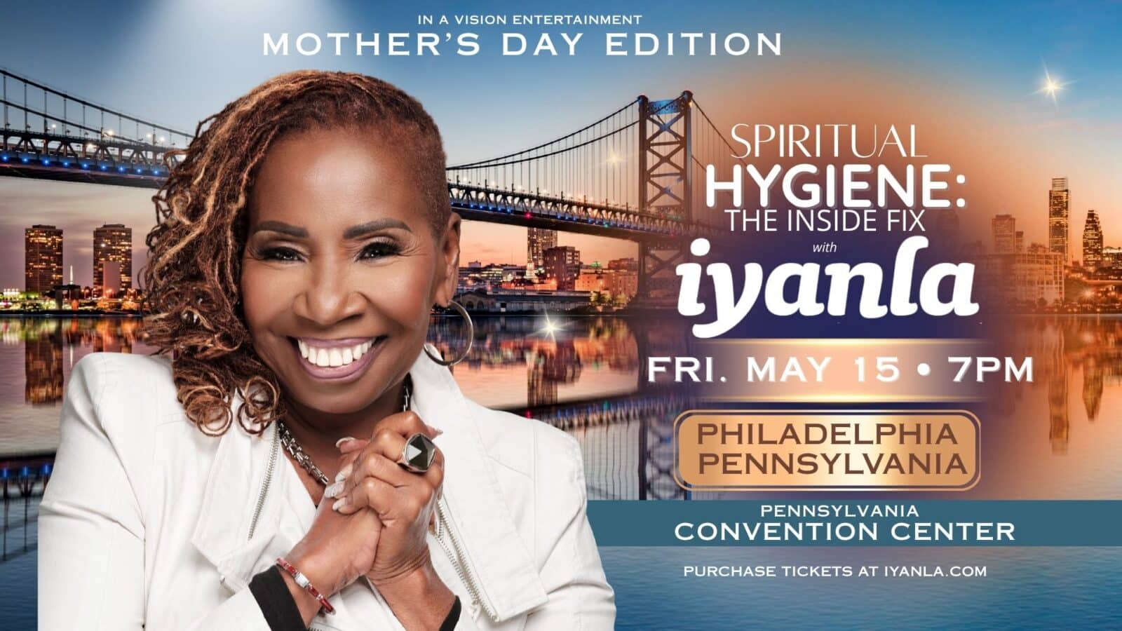 Iyanla event poster with Philadelphia skyline backdrop