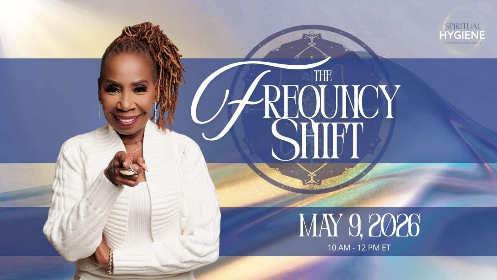 Smiling woman holding remote promoting Arfquency Shift event